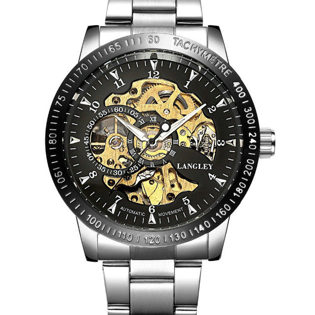 Top Luxury Brand Mechanical Watch Men's Automatic Self wind Wristwatch Stainless Steel Skeleton Fashion Clock Male Steampunk