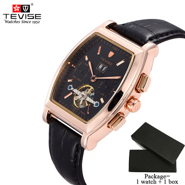 TEVISE High Quality Tourbillon Automatic Mechanical Watches Men Self Wind Business Genuine Leather Calendar Wristwatches 8383B