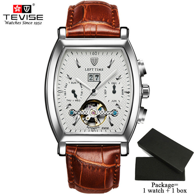 TEVISE High Quality Tourbillon Automatic Mechanical Watches Men Self Wind Business Genuine Leather Calendar Wristwatches 8383B