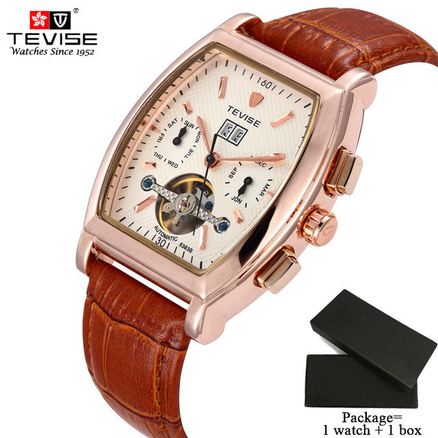 TEVISE High Quality Tourbillon Automatic Mechanical Watches Men Self Wind Business Genuine Leather Calendar Wristwatches 8383B
